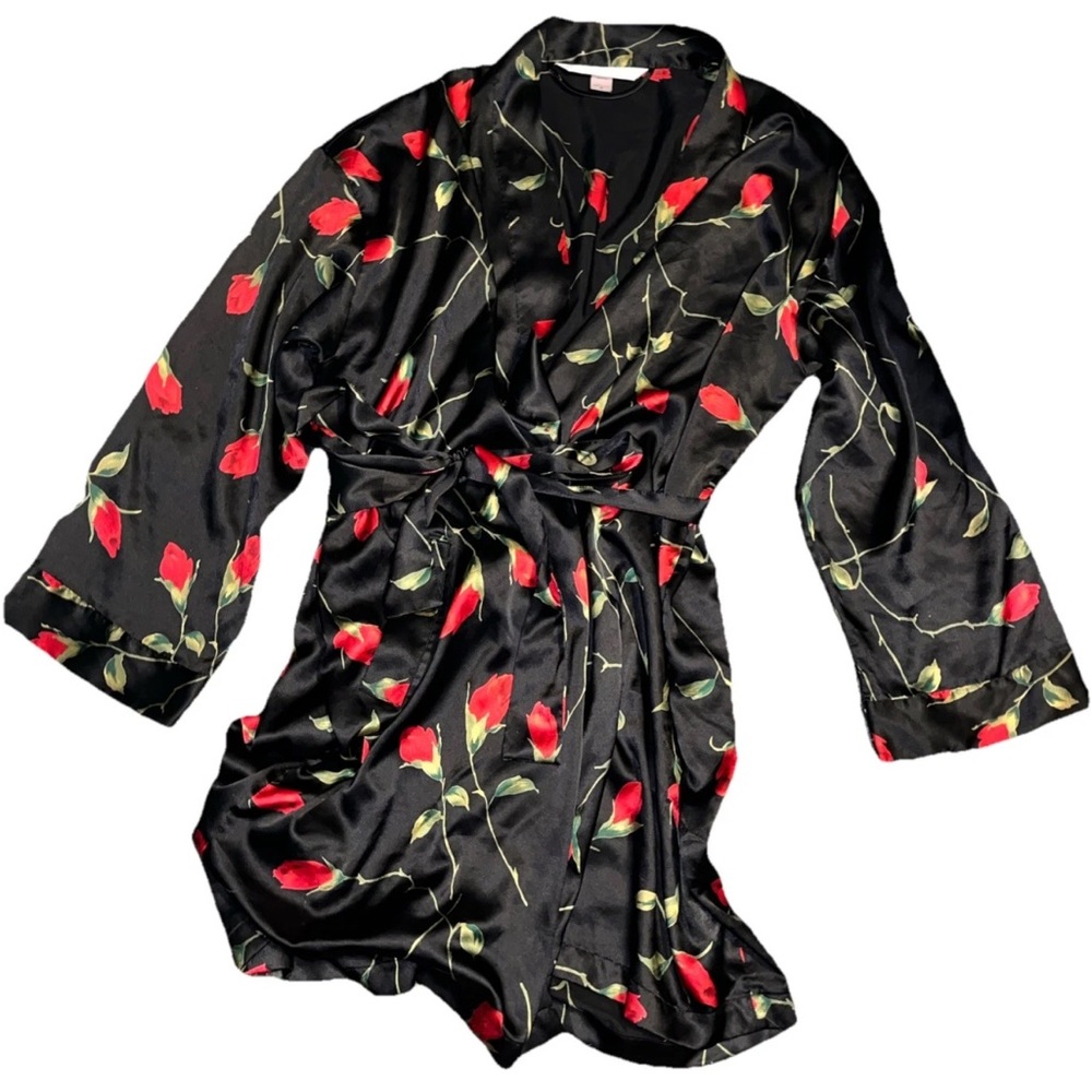 Victoria's Secret Black Satin Robe with Red Floral Pattern